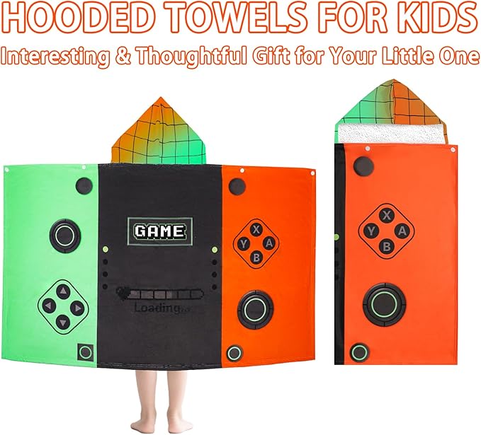 Hooded Towels for Kids- Ultra Soft 100% Cotton Video Game Gamepad Toddler Hood Bath Towels/Pool Terry Towel Beach Poncho Wrap Absorbent Cute Bath & Swim Wrap for Boys & Girls 3-10 Years