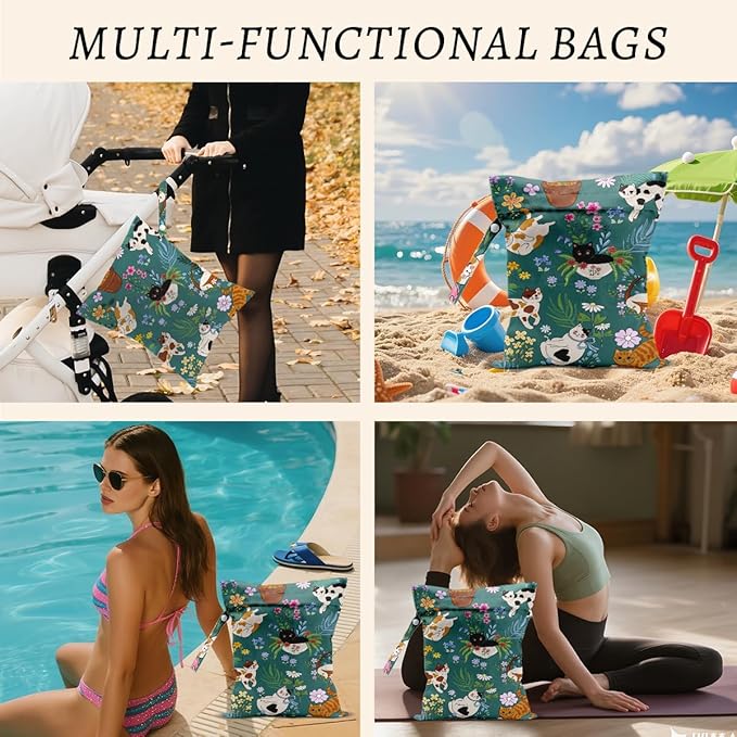 Cat Wet Bags 12x10 Inch, Flowers Waterproof Wet Dry Bags, Colorful Floral Reusable Washable Travel Laundry Bag for Swimsuit Beach Diapers Dirty Yoga Gym Clothes, Cat Gifts for Women Friend Travelers