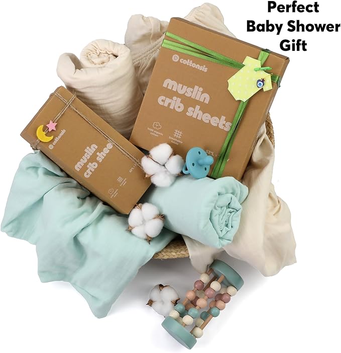 Muslin Baby Crib Sheets Fitted -Crib Sheets Neutral Turkish Cotton, Ultra Soft &Breathable -Organic Cotton Crib Sheets for Boys&Girls, GOTS&Oeko-TEX® Certified (52x28, Vanilla Ice Cream&Minty Green)