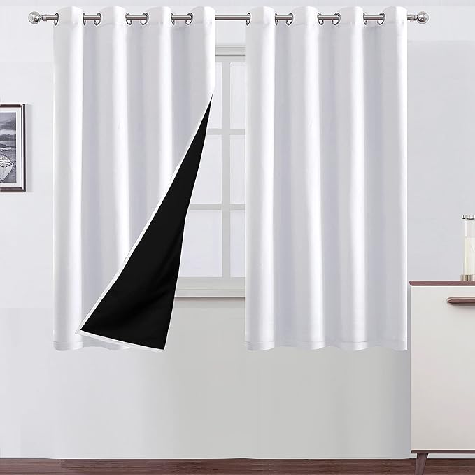 LEMOMO 100% Blackout White Curtains with Black Lining/52 x 63 Inch/Set of 2 Panels Thermal Insulated Room Darkening Curtains for Bedroom