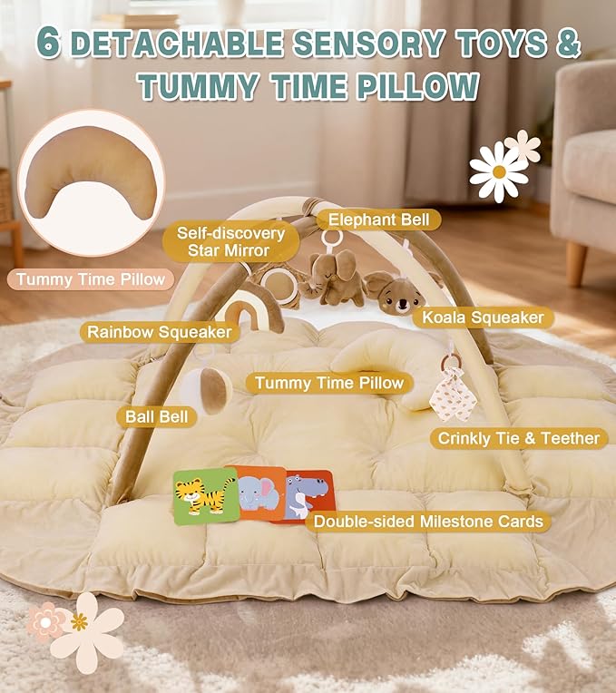 5-in-1 Baby Play Gym and Tummy Time Mat, Tummy Time Pillow & 12 Learning Cards, Plush Activity Mat with 6 Toys, Baby Gym, Convertible to Ball Pit, Baby Gift, Brown