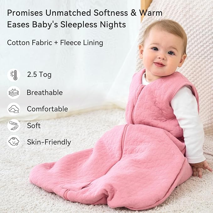 Unnivoll Baby Sleep Sack 6-12 Months TOG 2.5 Winter Baby Wearable Blanket, 100% Cotton Fabric Newborn Infant Sleeping Sack 2-Way Zipper Quilted Baby Sleep Bag, Warm Soft Bean Paste