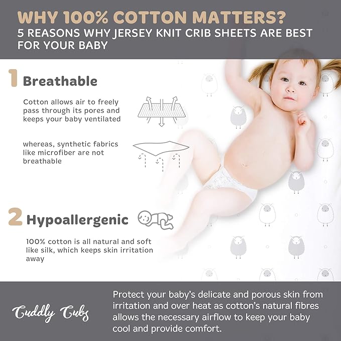 Cuddly Cubs 2 Pack Jersey Cotton Crib Mattress Sheets for Baby Boy, Girl - Grey Stripes, Sheep Toddler Bed Sheets - Fits Standard 28 x 52" Crib and Toddler Mattress