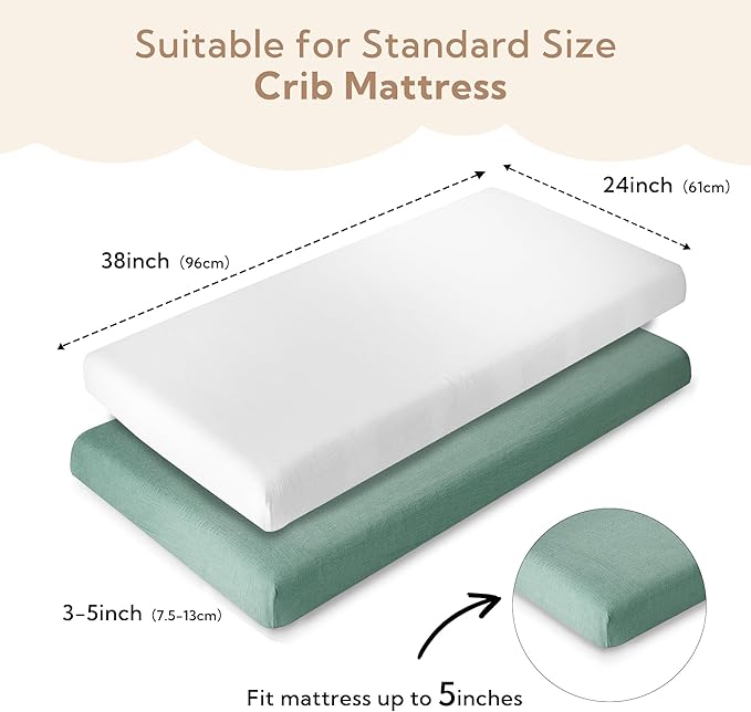 SOULFUL Mini Muslin Crib Sheets for Boys Girls, 2 Pack Soft and Breathable Cotton Fitted Crib Sheets for Standard Crib Mattress (24"x 38", White & Green)