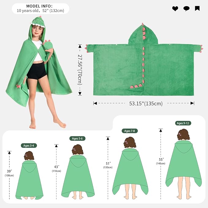 OLAOLA Dinosaur Hooded Towel for Kids 3-12 Years, 28" x 53" Soft Thick Absorbent Beach Towels, Toddler Bath Towel Wrap, Swim Pool Towels Poncho for Boys Girls