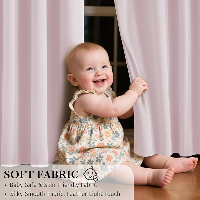 RYB HOME Pink Blackout Curtains for Girls Bedroom, 2 Panels 100% Blackout Thermal Insulated Noise Reducing Window Drapes for Kids Baby Room, 52 inches Wide by 84 inches Long, Baby Pink