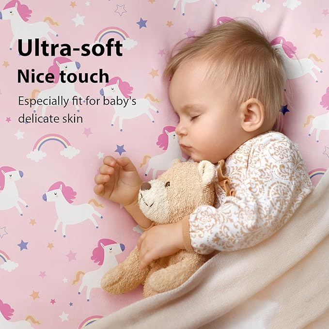 Baby Crib Sheets Girl, 3 Pack Toddler Bed Sheets for 52”x28” Standard Toddler Mattresses, Soft Microfiber Fitted Crib Sheets Pink Purple Rainbow