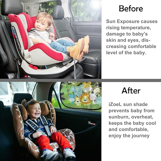 MOVINPE Car Sun Shade for Baby Kids 2 Pack Static Cling Side Window Car 80GSM Rear Sunshades Universal with 8 Suction Cups and Storage Bag - Sun Glare and UV Rays Protection (Cute Animals)