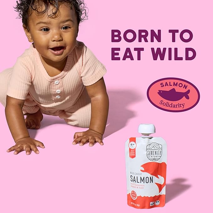 Serenity Kids 6+ Months Salmon Baby Food Pouches - Wild-Caught Salmon & Butternut Squash - High-Protein Baby Snacks - No Sugar Added Toddler Meals - 3.5 Oz, Pack of 6