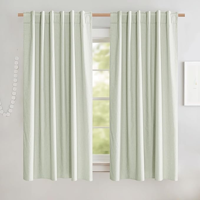 NICETOWN Sage Green Short Kitchen Linen Blackout Curtains 45" Length, Pair of Thermal Insulated & Energy Efficiency Drapes for Windows, Lined Linen Flax Window Dressing (52" Wide)