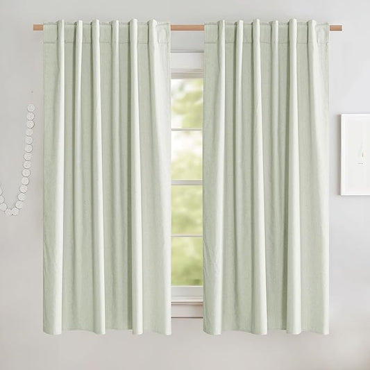 NICETOWN Sage Green Short Kitchen Linen Blackout Curtains 45" Length, Pair of Thermal Insulated & Energy Efficiency Drapes for Windows, Lined Linen Flax Window Dressing (52" Wide)