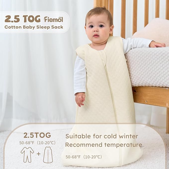FIEMOL Baby Sleep Sack 6-12 Months 2.5 TOG, Winter Cotton Sleeping Sack Newborn and Infant, Warm Quilted Baby Wearable Blanket, Sleeping Bag with 2-Way Zipper Beige 1 Pack