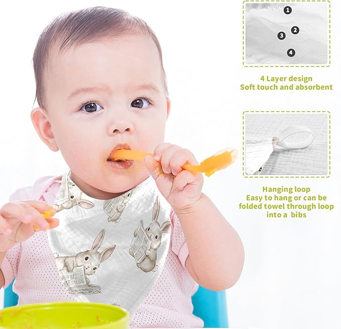 vvfelixl Baby Muslin Washcloths Bunny Reading Newspapers Baby Burp Cloths Cotton Babys Face Towel for Newborn Infants Boys Girls Soft and Absorbent 11.8 X 11.8 in, 3 Pack