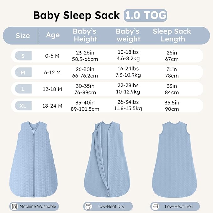 Unnivoll Baby Sleep Sack 12-18 Months 1.0 Tog Baby Wearable Blanket Cotton Sleeping Sack Quilted Baby Sleep Bag with 2-Way Zipper for Toddler Infant Blue
