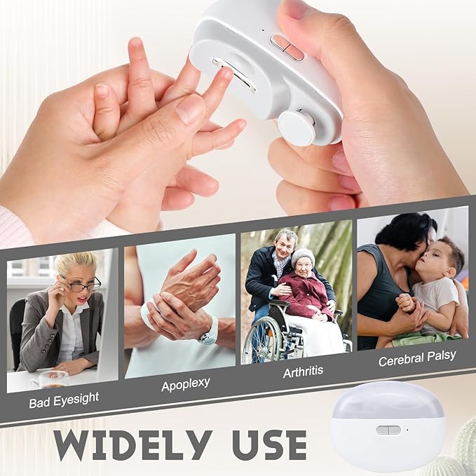 Automatic Nail Clipper Electric Nail Trimmer Polisher 3 in 1 Portable Fingernail Cutter with Light 2 Speeds File Nail Clip Storage Rechargeable Safety Trimmer for Seniors Adults Kids Baby (White)