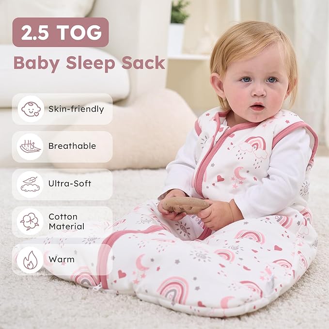 FIEMOL Baby Sleep Sack 12-18 Months, 2.5 TOG Cotton Winter Baby Wearable Blanket with 2-Way Zipper, Warm Soft Sleeping Bag for Toddler Boy Girl, Large Rainbow