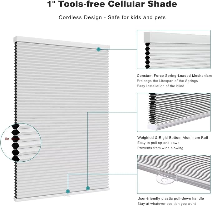 Changshade Blackout Blinds, Cordless Cellular Shades, Honeycomb Blackout Shades, Room Darkening Blinds, Pull Down Window Shades, Easy to Install Honeycomb Window Blinds, 32" W x 72" H, White