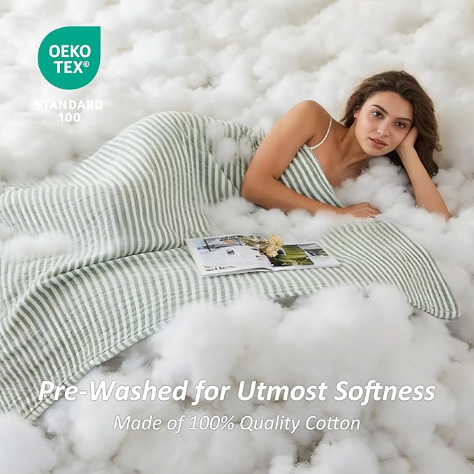 EMME Cotton Muslin Large Throw Blanket Couch Breathable Gauze Soft Lightweight Bed Blankets Adults (Striped Sage Green, 50"x70")
