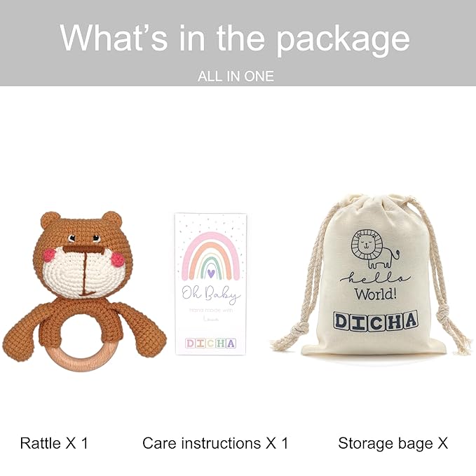 DICHA Wood Baby Rattle-Crochet Baby Rattle- Infant Rattle Sensory Development Wooden Toys Set-Includes Beech Wooden Teething Ring-Bear