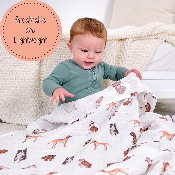 LollyBanks Muslin Swaddle Blankets 2PACK, 100% Cotton Baby Blanket 47 x 47 Inches, Large Baby Swaddle Breathable, Muslin Blankets for Boys and Girls (Cat and Dog Print)