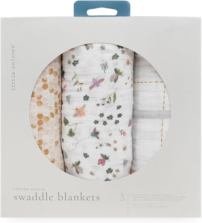 Little Unicorn Muslin Swaddle Blanket for Newborns & Infants | Soft & Breathable Fabric | Set of 3 Baby Blankets for Swaddling, Nursing, Shower Gifts (Garden Bees)