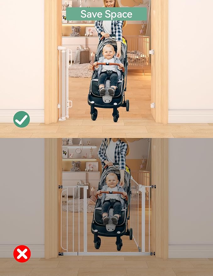 Momcozy Auto-Locking Retractable Mesh Baby Gate or Dog Gate, Child Safety Gate for Indoor or Outdoor, 33-inches Tall with up to 55-inches Wide Extension, Avoid Skirting Installation, White