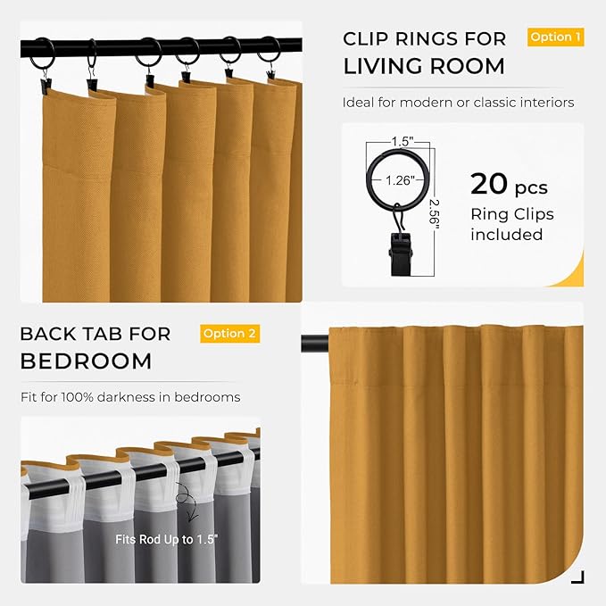 INOVADAY 100% Blackout Curtains for Bedroom, Black Out Curtains 90 Inch Long, Clip Rings Linen Blackout Drapes, Thermal Insulated Room Darkening for Living Room, 2 Panels - Mustard Yellow,W50xL90