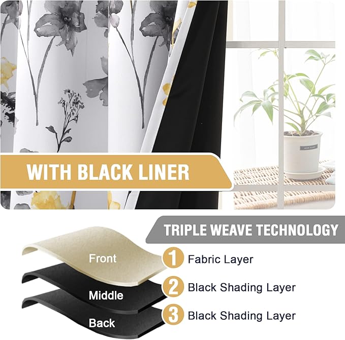H.VERSAILTEX 100% Blackout Curtains 84 inch Length 2 Panels Set Cattleya Floral Printed Drapes Leah Floral Thermal Curtains for Bedroom with Black Liner Sound Proof Curtains, Grey and Yellow