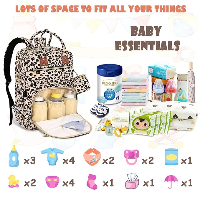 Baby Diaper Bag Backpack, Travel Diaper Bags for Baby Girl Boy Large Capacity Baby Bag Backpack for Women Leopard Print