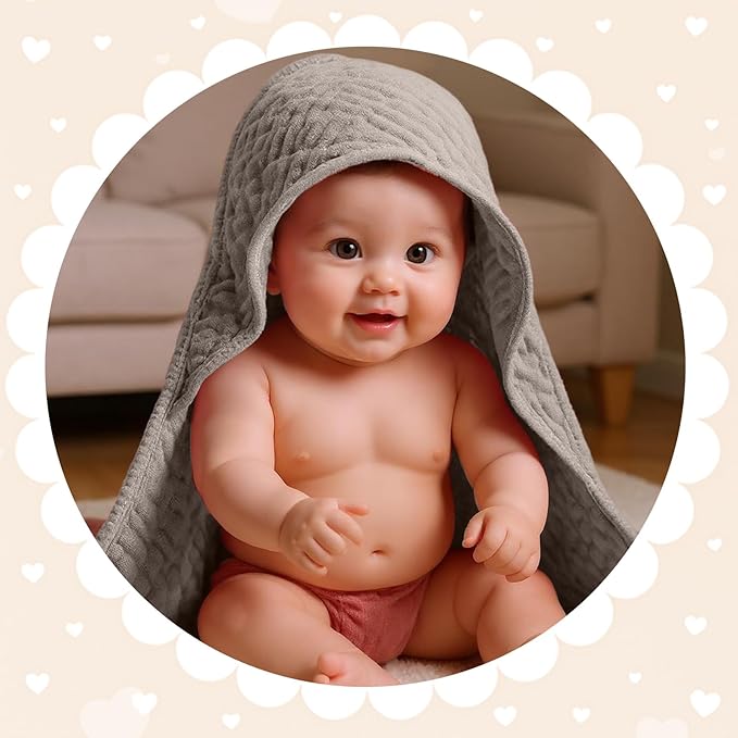 Peryiter 4 Pcs Muslin Hooded Baby Towels 32x32inch Cotton Newborn Bath Essentials Muslin Infant Blankets Absorbent Registry Baby Shower Present for Babies Girl Boy Kids (Brown Series)