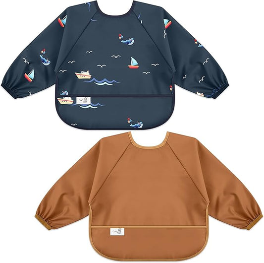 BebeBiu Long Sleeve Baby Bib, Waterproof Fabric, Catch-All Pocket, Baby Smock Bib, Adjustable Sleeves