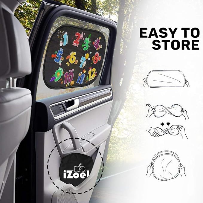Car Sun Shade for Baby Kids 2 Pack Static Cling Side Window Car 80GSM Rear Sunshades Universal with 8 Suction Cups and Storage Bag - Sun Glare and UV Rays Protection (ABC+123)