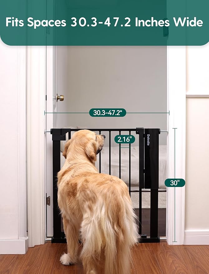 Babelio Smart Baby Gate with Auto-Unlock/Close, Pressure Mounted No Drill for Doorways/Top of Stairs. Pet/Dog Door Wide Walk Thru w/Infrared Sensor & Instant Safety Alert (Black, 30.3-47.2" W, 30" H)