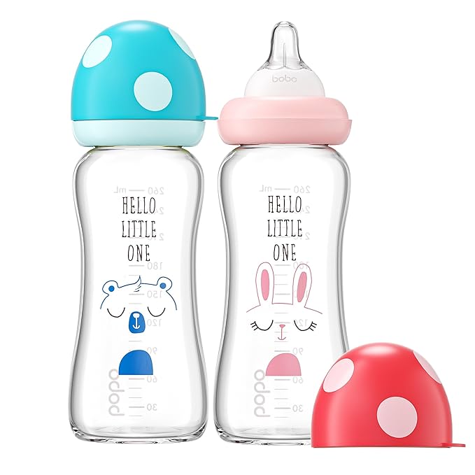 YOHKOH Natural Glass Baby Bottle with Level 2 Medium Flow Nipple, Newborn Anti-Colic Baby Bottles, Wide Neck Mushroom Baby Glass Bottle (8.8ounce (Pack of 2), Multicolour1)