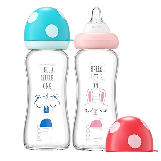 YOHKOH Natural Glass Baby Bottle with Level 2 Medium Flow Nipple, Newborn Anti-Colic Baby Bottles, Wide Neck Mushroom Baby Glass Bottle (8.8ounce (Pack of 2), Multicolour1)