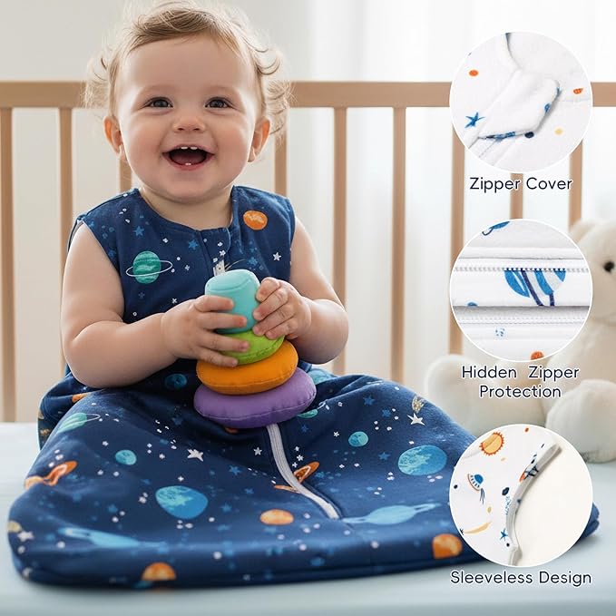 PHF Warm Micro-Fleece Baby Sleep Sack 0-6 Months, Soft Baby Wearable Blanket, 2-Way Zipper Sleeping Bags, 2 Pack Comfy Toddler Sleeping Sack for Boys, Small Size, Space