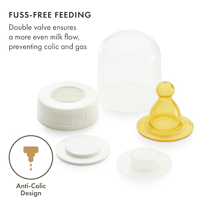 Natursutten Anti-Colic Glass Baby Bottle 2-Pack - 8 Ounce Bottles for Breastfeeding Babies - Newborn Bottles Set: Natural Rubber Slow-Flow Bottle Nipples, Seals, Valves, Baby Bottle Caps