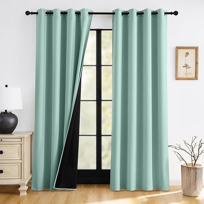RYB HOME 100% Blackout Curtains 90 inches Length, Thermal Insulated Total Room Darkening Noise Reducing Curtains for Bedroom Living Room, 52 inches Wide by 90 inches Long, Auqa