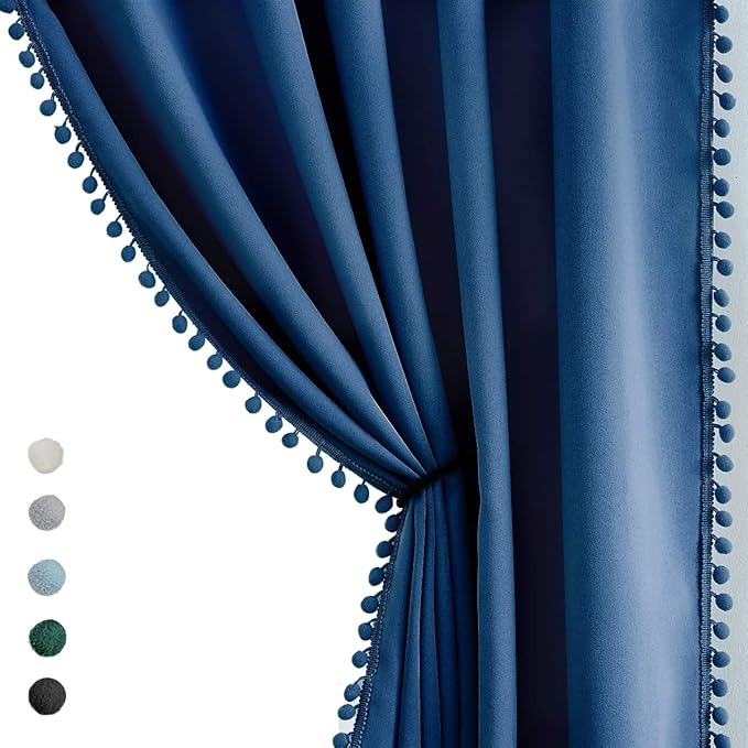 Pom Pom Curtains 90" Navy Royal Blue Blackout Curtains Bedroom Windows Drapes Triple Weave Thermal Insulated Curtain Panels for Men Boys Nursery Room Studio Hotel 52"w x2 Panels Rod Pocket