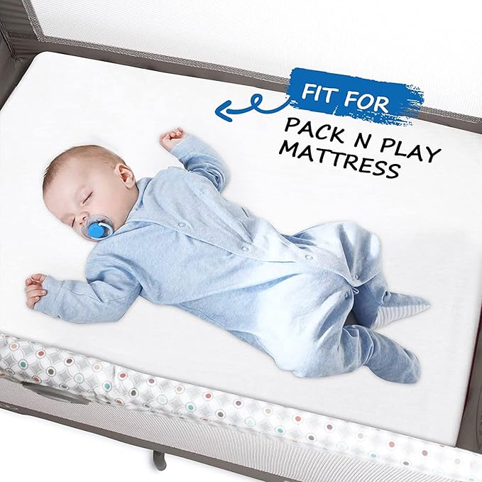 Pack and Play Sheets Waterproof, 2 Pack Cotton Mini Crib Sheets 38"x 25", Compatible with Graco Pack n Play, Dream on Me, Delta Portable Crib and Arms Reach Ideal Cosleeper, Baby Girl Boy, White