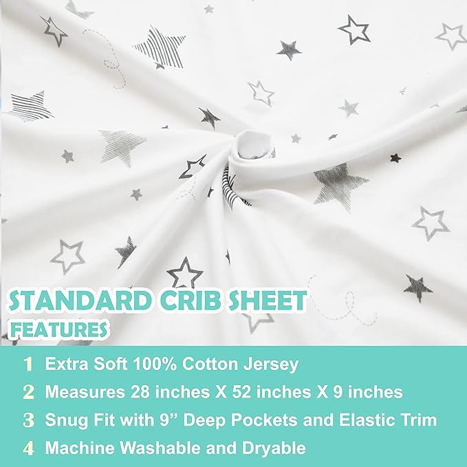 American Baby Company 2 Pack 100% Natural Cotton Fitted Crib Sheets 52" x 28" - Soft, Breathable, Hypoallergenic & Gentle Toddler Bed Sheets, Super Stars and Gray, Neutral for Boys & Girls