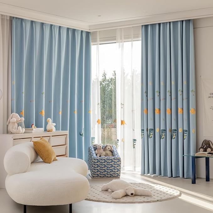 KMSG Cartoon Dinosaur Kids Curtains with Blackout Liner Embroidery Nursery Curtains for Children Boys Baby Bedroom Living Room Grommet Top Room Darkening Window Drapes 1 Panel (Blue,W78 x L102 Inch)