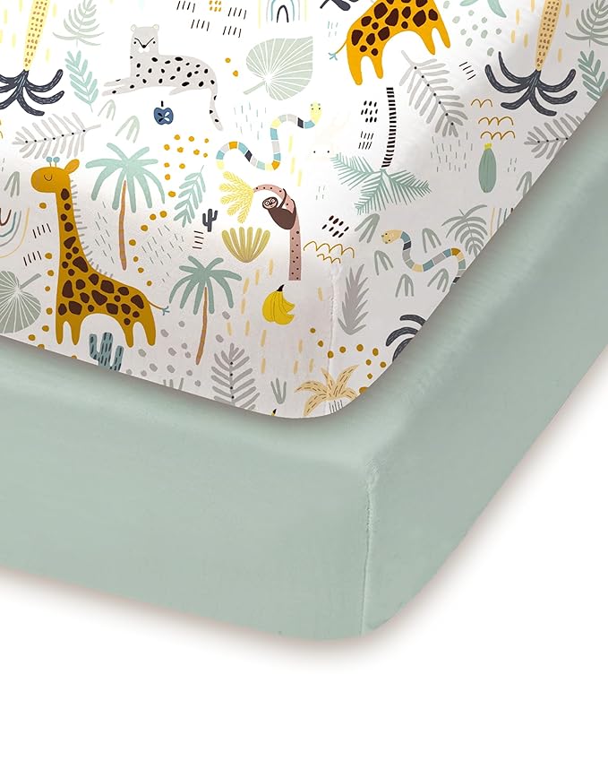 Pack and Play Sheets Fitted, Soft Green+Giraff, Breathable and Cozy, Hypoallergenic, 2 Pack for Boys and Girls