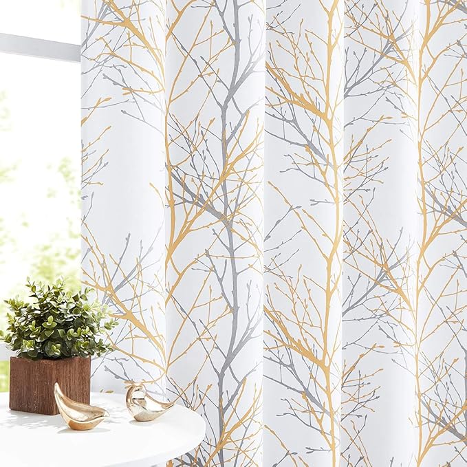 FMFUNCTEX 100% Blackout Window Curtainsfor Bedroom, Yellow White Curtains 54 Inch Length for Living Room, Room Darkening Tree Branch Curtain Panels for Basement Thermal Insulated Grommet Top 2 Panels