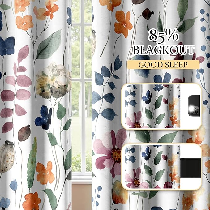 Boho Vintage Floral Blackout Curtains, Retro Watercolour Colorful Plant Leaf Flower Design Window Drapes, Living Room Bedroom Decor 2 Panels 52x84 Inch