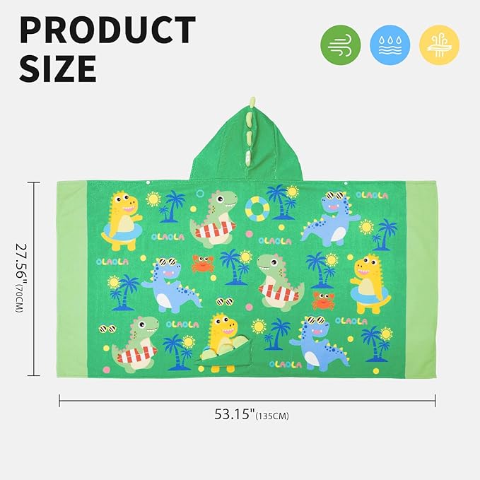 OLAOLA Dinosaur Beach Hooded Towel for Kids 3-12 Years, Soft Thick Absorbent Beach Towels, Toddler Bath Towel Wrap 28" x 53", Swim Pool Towels Poncho for Boys Girls