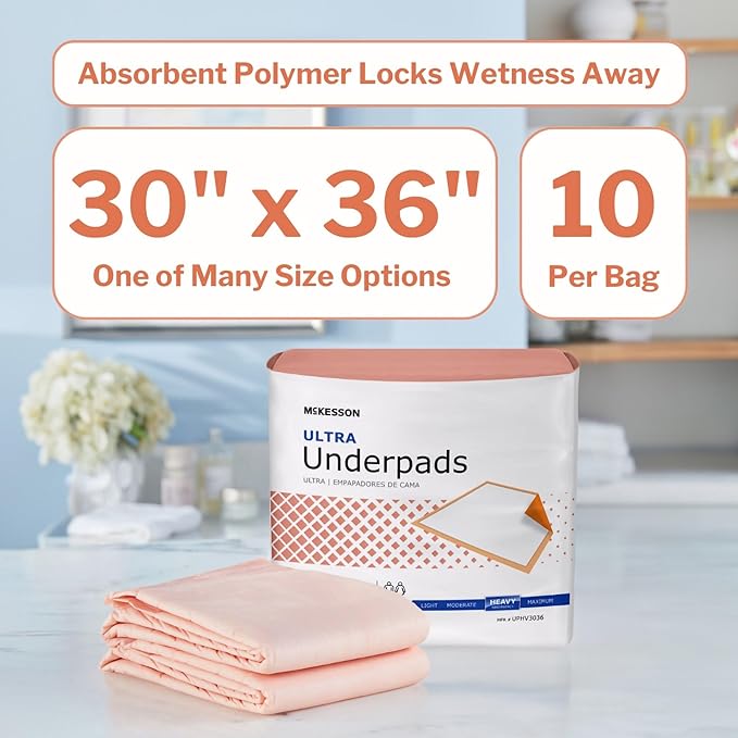 McKesson Underpads Disposable Bed Pads 30" x 36" [50 Count], Heavy Absorbency, Ultra Incontinence Chux Pads for Adults, Elderly, and Baby