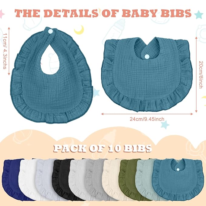 Seematn 10 Pcs Baby Muslin Bibs for Unisex Girls & Boys Drool Bibs Bandana Ruffle Soft Cotton for Newborn Infants Toddlers(Cool Colors)