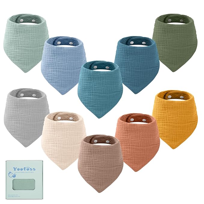 Yoofoss Muslin Baby Bibs 10 Pack 100% Organic Cotton 6-Layer Soft Absorbent Drool Bandana Baby Bibs for Drooling and Teething for Boys and Girls, Beige & Blue