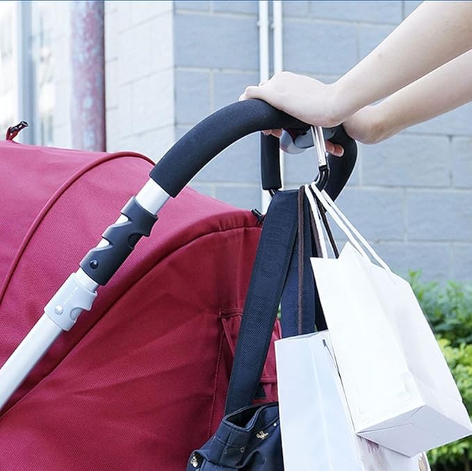 Large Stroller Hooks for Mommy, 2 pcs Carabiner Stroller Hook Organizer for Hanging Purses, Diaper Bag, Shopping Bags. Clip Fits Single/Twin Travel Systems, Car Seats (Black+Rose)